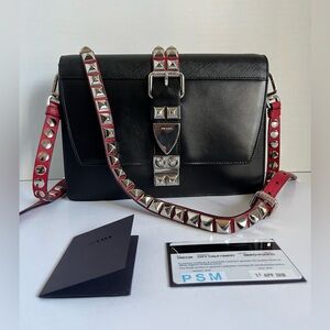 Auth Prada Elektra New Black Studded Leather Crossbody Bag